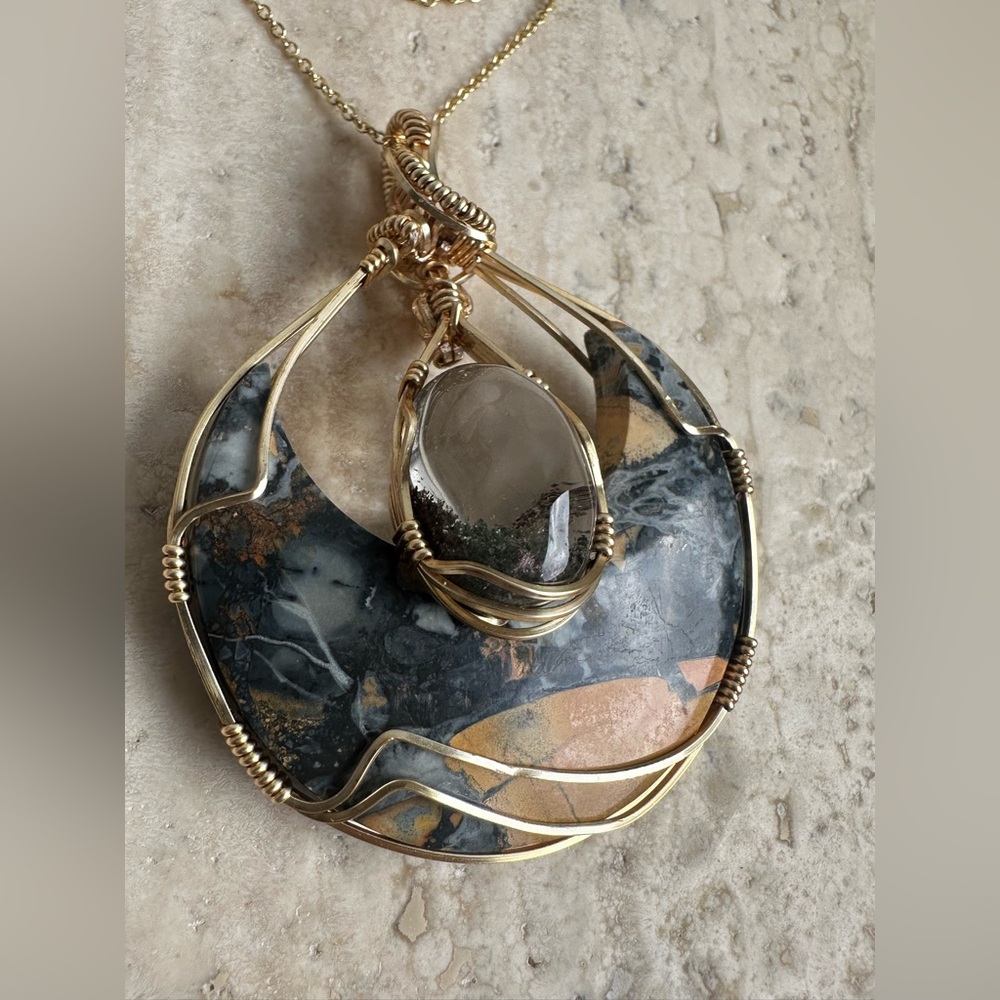 Gold Lunula Crescent Moon Maligano Jasper and Lodolite Garden Quartz with Chain